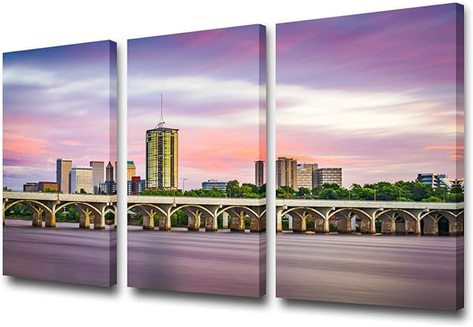 Canvas Wall Art for Tulsa, Oklahoma, USA Downtown Skyline on the Arkansas River at Dusk Print Photograph, Hanging Decorative Painting Artwork for Kitchen, Bedroom, Office, Living Room, Home Decor Gift