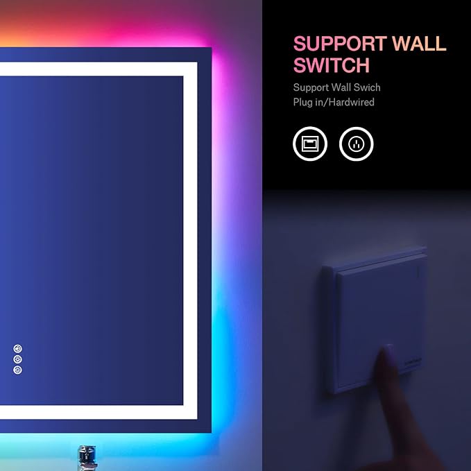 LOAAO 28"X36" LED Bathroom Mirror with Lights, Anti-Fog, Dimmable, RGB Backlit + Front Lighted, Bathroom Vanity Mirror for Wall, Memory Function, Tempered Glass (Safe to Use)