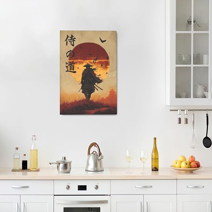 Japanese Samurai Wall Art Oriental Asian Bushido Wall Decor Warrior Figure Canvas Pictures Paintings Prints Japan Traditional Aesthetic Artwork Framed Decorations For Bedroom Living Room Office Gifts 16" x 24"