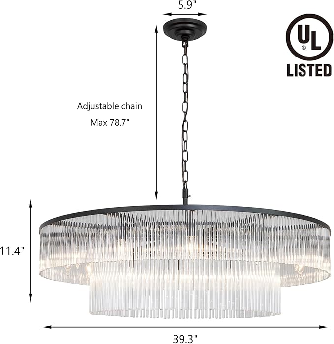 Large Modern Glass Chandelier Lighting Black Glass Chandeliers for High Ceiling Hall Living Room Stairs 12 Light Hanging Ceiling Light Fixture Round 39"