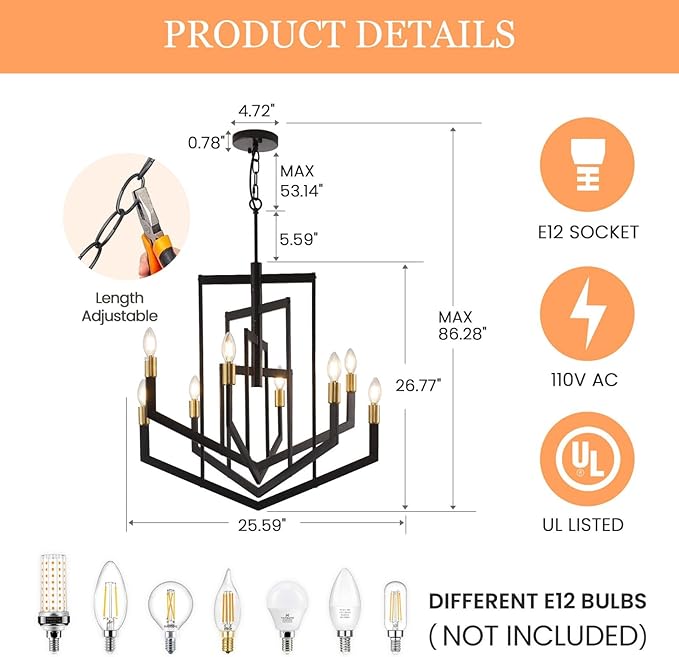 Black and Gold Chandelier,8-Light Modern Geometric Pendant Light Fixtures,Rustic Industrial Foyer Lighting Fixtures, Large Foyer Chandeliers for High Ceilings, Farmhouse Chandelier for Entryway