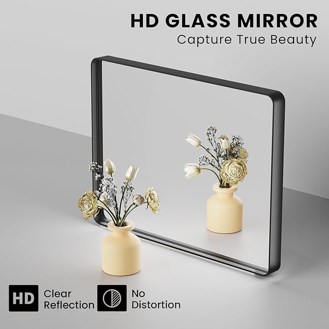 Black Bathroom Mirror 36X36 Inch, Black Metal Framed Mirror for Wall, Rounded Rectangle Matte Bathroom Vanity Mirror with Tempered Glass, Anti-Rust, Horizontal/Vertical