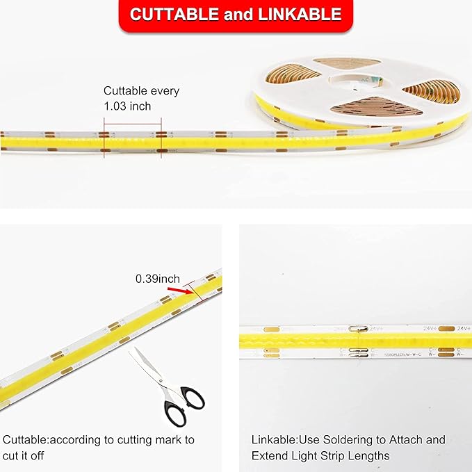 CCT COB LED Strip Light 32.8ft, Tunable White Warm White to Cool White LED Strip, 608LEDs/M DC24V Tape Light, CRI90+, Bluetooth App Control, Dimmable Strips for Bedroom, Office, DIY Lighting.