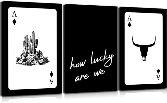 3Pcs Black and White Western Canvas Wall Art Country Southwest Poster Vintage Poker Ace Picture Cactus Bull Skull and How Lucky We Are Painting for Bedroom Living Room 12x16in Framed