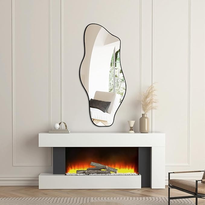 Large Irregular Wall Mirror, 47.2"x21", Black Asymmetrical Modern Oblong Wavy Cloud Mirror for Living Room, Bathroom, Entryway, Dining Room
