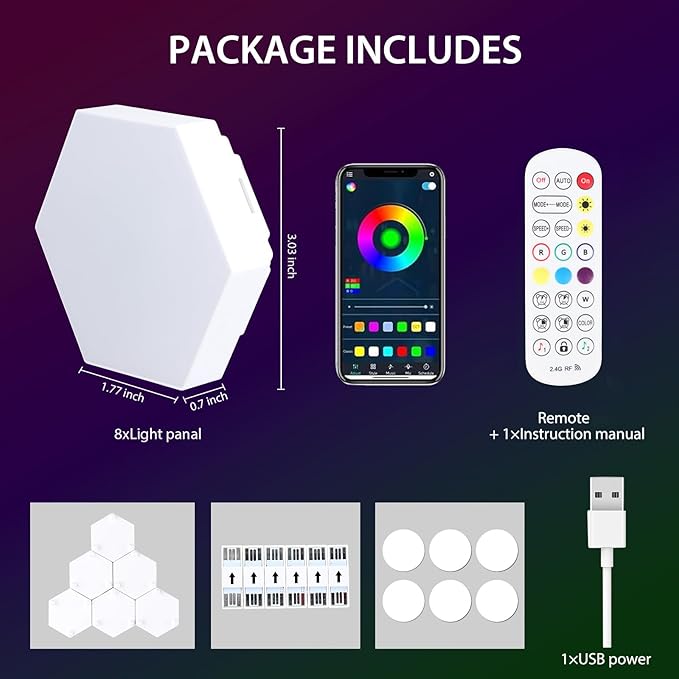 8 Pack Hexagon Light Panels - Smart RGB Hexagon LED Lights Wall Lights with APP & Remote Control Cool Music Sync Gaming Lights for Lving Room, Bedrooms, DIY Lovers, Gifts, Gaming Room, Kids
