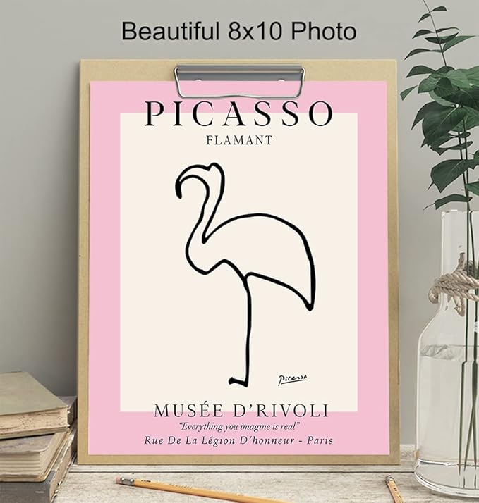 Pablo Picasso Poster 8x10 - Mid-Century Modern Decor - Minimalist Room Decor - Abstract Wall Art - Gallery Wall Art - Pink Flamingo Decor - Line Art Wall Print - Museum Poster - Tropical Beach House