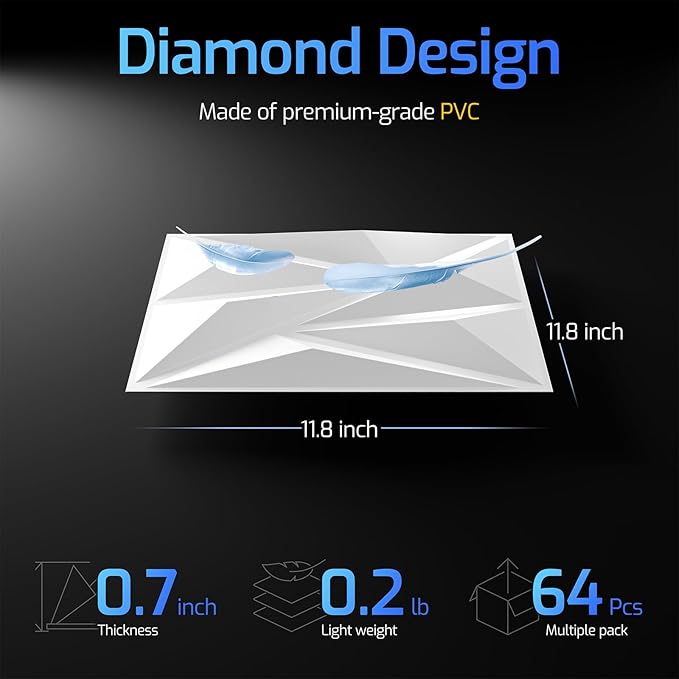 3D Wall Panels for Interior Wall Decor, 64 pcs PVC Wall Panels, 11.8''x11.8'' Decorative Accent Wall Panels for Game Rooms, TV Walls Background, Living Rooms, Decorative Wall Panels, White