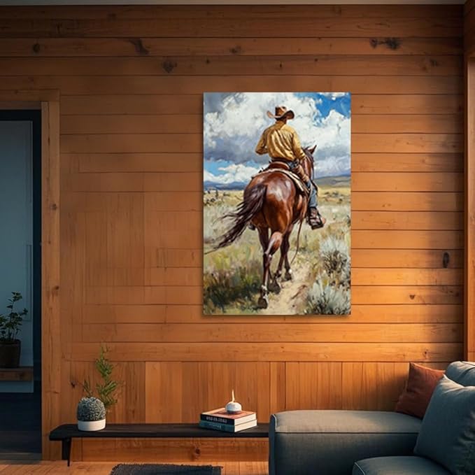 CGXLB Cowboy Riding Wall Art Western Horseman Painting Horse Picture Prints Framed Rustic Ranch Wall Decor for Living Room Bedroom Restaurant 12"x18"