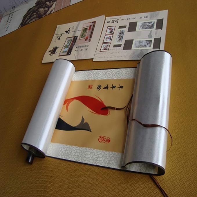 AtfArt Asian Wall Decor Beautiful Silk Scroll Painting - Ancient Pisces Double Fish Oriental Chinese Art Wall Hanging (39 x 12 in)