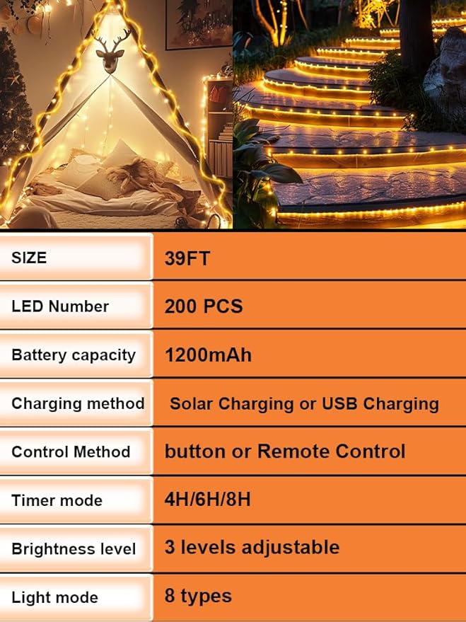 Larger Tube Solar Rope Lights 200LEDs Waterproof,Rechargeable Battery,Dual Charging,39FT Outdoor String Light,Remote-Control,for Pathway Patio Garden Palm Tree Christmas (Brighter - Warm White)