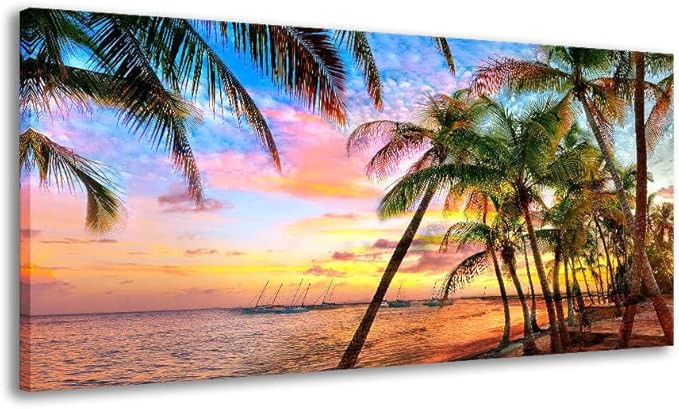 BYXART Canvas Art Wall Decor for Living Room Seascape Tropical Palm Tree Sunset Artwork Bedroom Ocean Beach Paintings for Bathroom Home Office Dining Decorations 48L x 24W