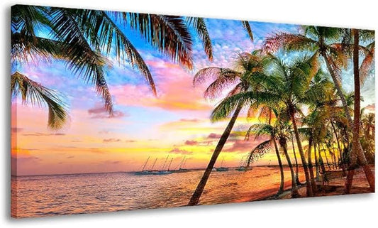 BYXART Canvas Art Wall Decor for Living Room Seascape Tropical Palm Tree Sunset Artwork Bedroom Ocean Beach Paintings for Bathroom Home Office Dining Decorations 48L x 24W