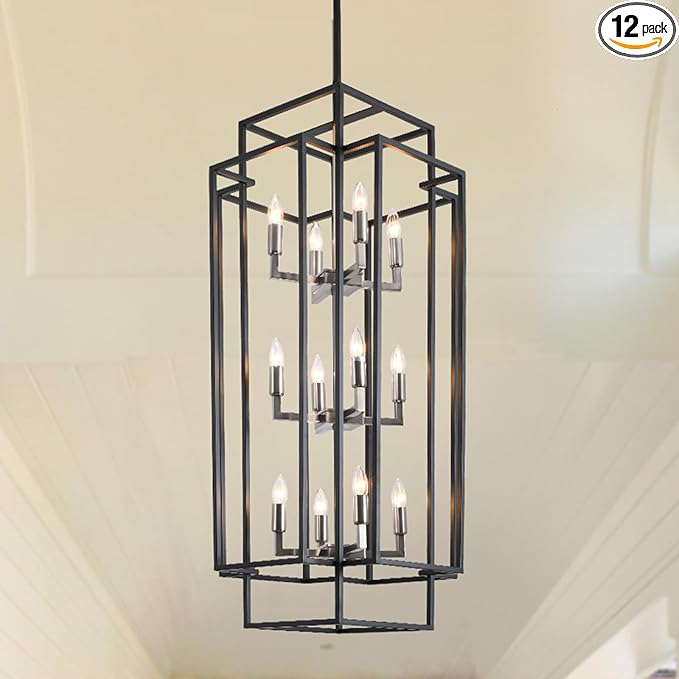 12-Light High Ceiling Chandeliers for Entryway, Farmhouse Large Pendant Light, Foyer Lighting Fixtures for Staircase Entry Dinning Room Kitchen Island, Black and Brushed Nickel