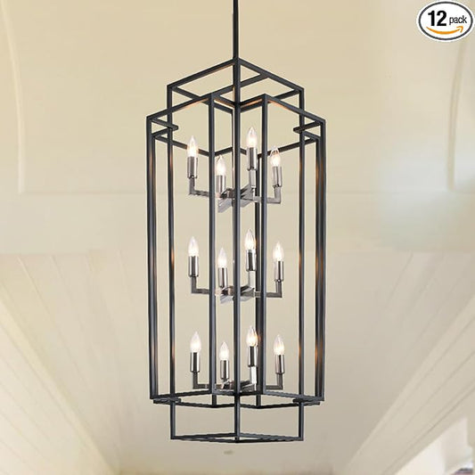 12-Light High Ceiling Chandeliers for Entryway, Farmhouse Large Pendant Light, Foyer Lighting Fixtures for Staircase Entry Dinning Room Kitchen Island, Black and Brushed Nickel