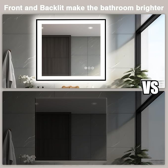 40x38 Lighted Mirrors for Bathroom Wall - Black Aluminum Framed (Front and Backlit), Anti-Fog LED Vanity Mirror, Shatter-Proof Lighted Mirror, 3 Colors Memory Mirror (Horizontal/Vertical)