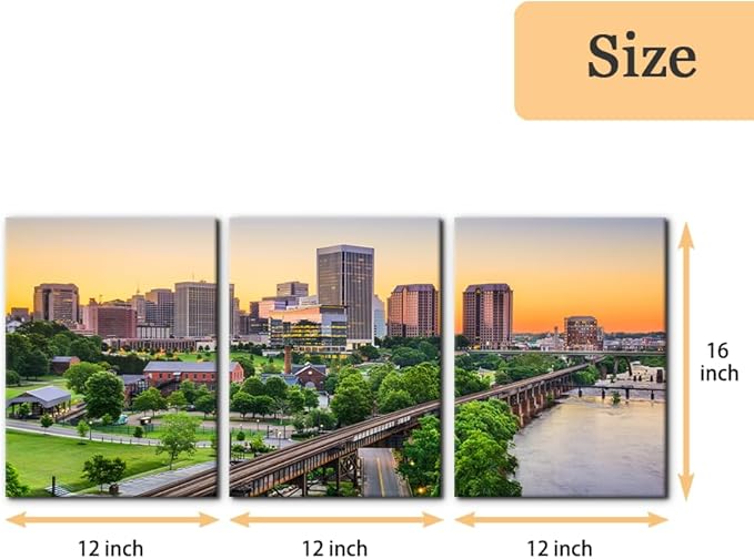Pacimo Canvas Print Wall Art Set Richmond Skyline Giclee Poster Gallery Wrapped Virginia Cityscape Modern Artwork for Living Room Bedroom Office Stretch and Framed Ready to Hang - 12"x16"x3 Panels