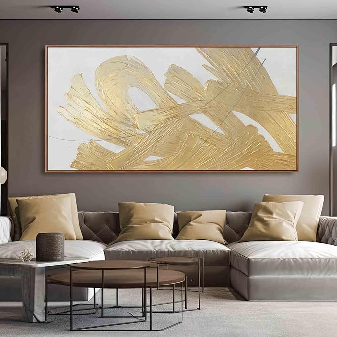 Large Gold Wall Art Abstract Canvas Wall Decor Framed Arts Pictures Modern Artwork Hand Drawn Paintings 36"x70"