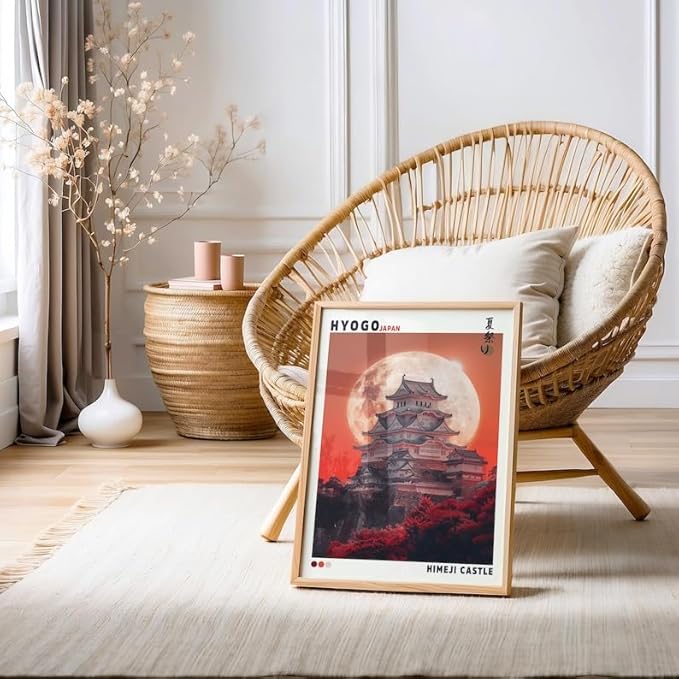 Nationcog Himeji Castle Poster, Japanese Wall Art Print Featuring Hyogo Temple and Full Moon, Japandi Style Asian Landscape Artwork for Living Room, Bedroom or Office (Unframed) (24x36)