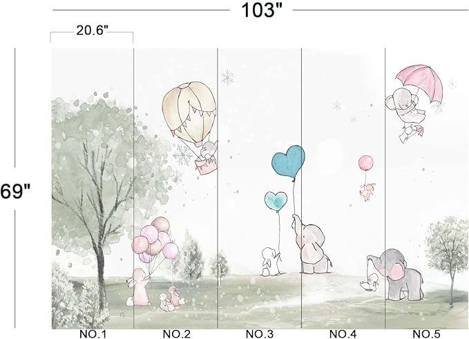 Cartoon Elephant Rabbit Balloon Nursery Wall Mural Wallpaper 103" x 69"