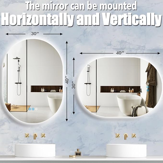 40 x 30 Inch Oval LED Backlit Mirror for Bathroom Salon Wall Horizontal/Vertical Mounted Antifog Smart Memory 3 Color 40 Inch Backlit Frameless LED Oval Lighted Vanity Mirror with Lights