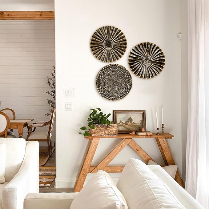 12" Wall Décor Pack of 3 Metal Gold & Black Washed Starbursts Radial Plate Wall Art Modern Accent Hanging Wall Decorations For Home Office Bedroom Or Living Room Wall Sculptures