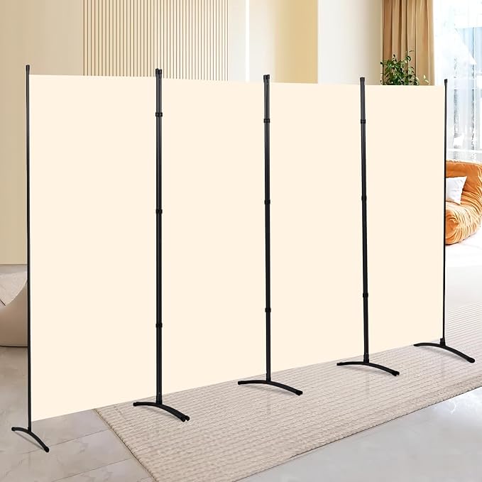 4 Panel Folding Privacy Screens, 6 FT Tall Wall Divider with Metal Frame, Freestanding Room Divider for Office Bedroom Study (4 Panel, Beige)