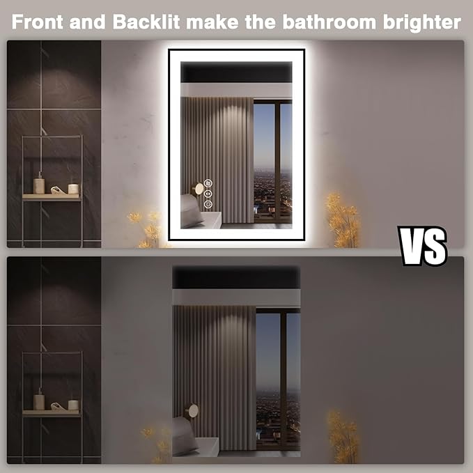 28x36 LED Bathroom Mirror for Wall -Black Aluminum Framed (Front and Backlit), Anti-Fog Vanity Mirror with Lights,Stepless Dimmable Lighted Mirror,3 Colors Smart Mirror(Horizontal/Vertical)