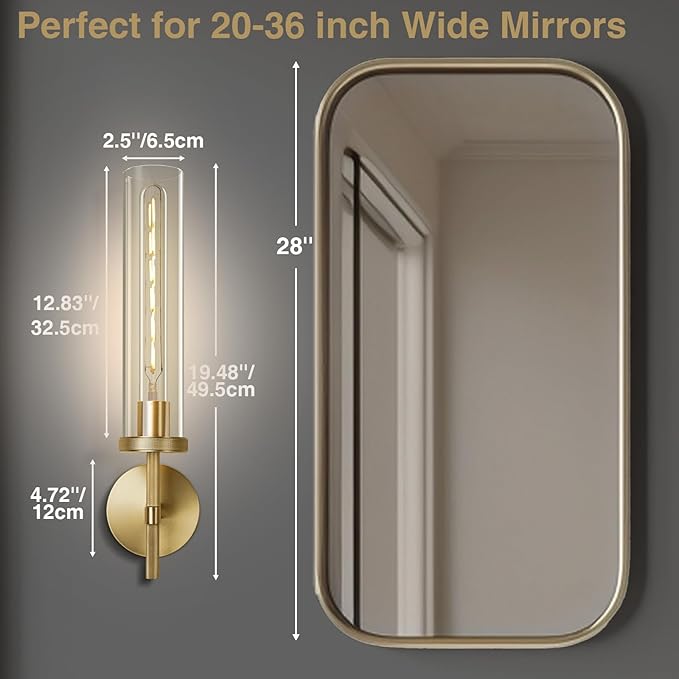 Antique Gold Wall Sconce 19.48" Modern Luxe Wall Lighting with Clear Glass Tube, Living Room Bedroom Bathroom Mirror Sconces, Staircase Decor Hallway Lamp Fixture(Including Bulb)