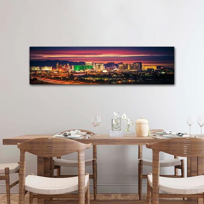 Black and White Wall Art - Las Vegas Skyline Painting on Canvas - Living Room & Bedroom Wall Decor - Modern Artwork - Framed - Ready to Hang - 12x46 Inch