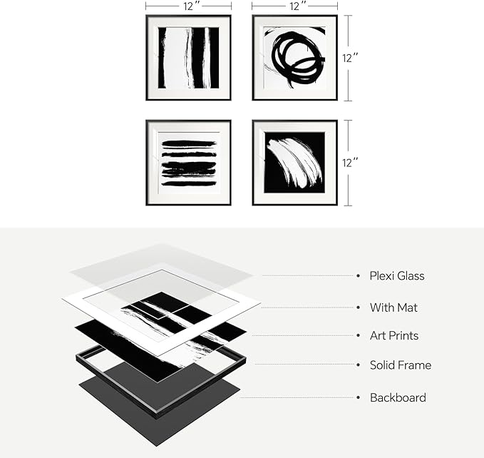 4 Piece Framed Abstract Minimalist Wall Art Sets, Black and White Line Modern Home Decor Artwork, Contemporary Picture Painting for Living Room, Bedroom, Bathroom and Hallway 12x12 Inch