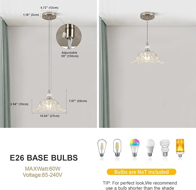 1 Piece Brushed Nickel Chandelier Light Fixtures with Glass Shade, Brushed Nickel Finish Pendant Light,Hanging Light for Dining Room,Hallways,Living Room,Bedroom