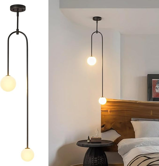 Modern Milk Glass Pendant Light 2 Light Mid Century Chandelier Small Glass Globe Black Pendant Lights for Kitchen Island Bedroom Dining (Metal Tube Removable, 1 Pack)