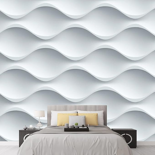wall26 Removable Wall Sticker/Wall Mural 3D Geometric White Wave Pattern Abstract Shapes Digital Art Modern Art Panorama Multicolor Relax/Calm for Living Room, Bedroom, Office - 100x144 inches