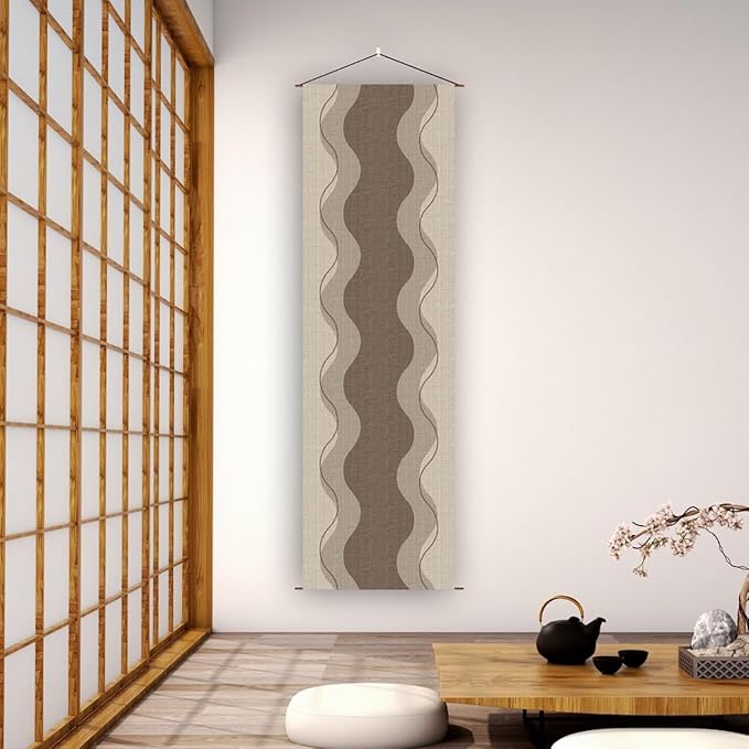 Japanese Tapestry Wall Art Good Fortune Feng Shui Lucky Symbols W15.7xH47.2", Extra Long Vertical Hanging Decor for Bedroom, Livingroom, Office Washable Fabric Zen Design (Vertical wave) CTT-12