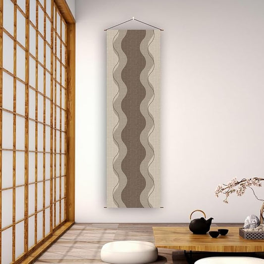 Japanese Tapestry Wall Art Good Fortune Feng Shui Lucky Symbols W15.7xH47.2", Extra Long Vertical Hanging Decor for Bedroom, Livingroom, Office Washable Fabric Zen Design (Vertical wave) CTT-12