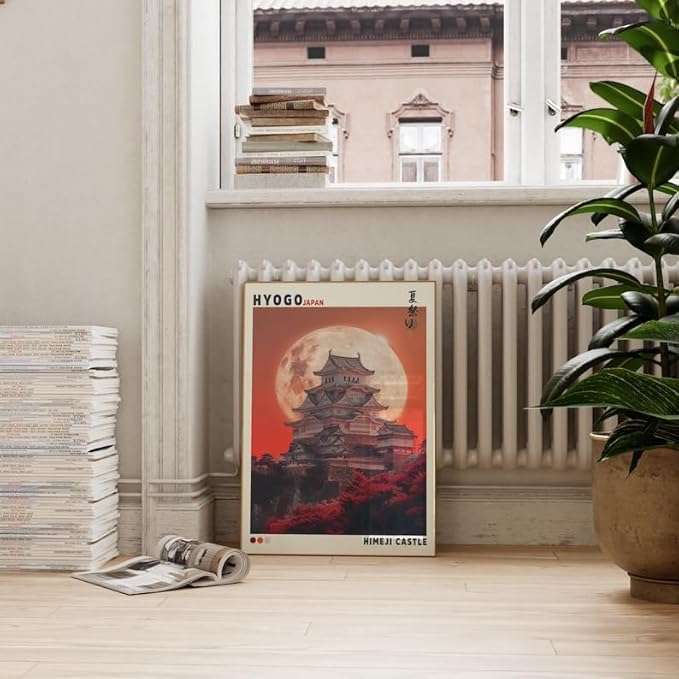 Nationcog Himeji Castle Poster, Japanese Wall Art Print Featuring Hyogo Temple and Full Moon, Japandi Style Asian Landscape Artwork for Living Room, Bedroom or Office (Unframed) (20x30)