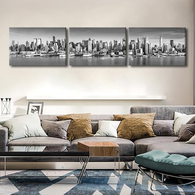 New York Wall Art Black and White City Panorama Cityscape Pictures Print On Canvas Urban Building Artwork Wall Art for Living Room Office Giclee Posters and Prints Framed Ready to Hang 16x72 Inch