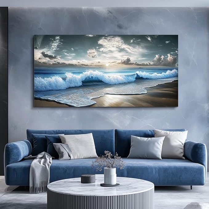 MHARTK66 Blue Ocean Canvas Wall Art Large Paintings For Living Room Landscape Nature Artwork For Walls Wall Decor For Bedroom Beach Pictures Office Waves Poster Modern Home Decorations 30x60