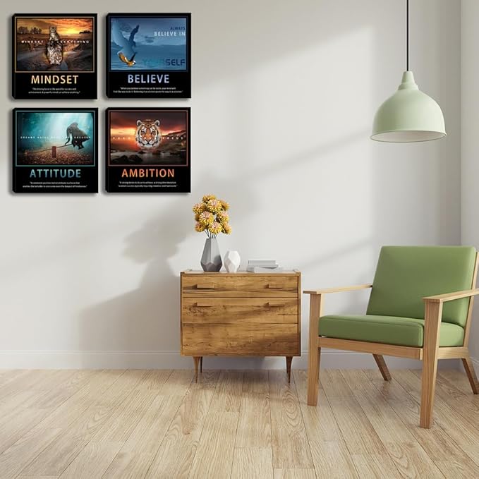 Motivational Posters Wall Art Inspirational Canvas Prints Inspiring Quotes Animals Painting Picture Office Motivational Wall Decor Framed 4 Pieces Living Room Bedroom Workplace Decoration 20"x20"x4
