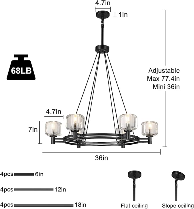 Black Round Crystal Chandelier, 36" K9 Crystal Chandeliers for Dining Room Over Table, Wagon Wheel Chandeliers for Dining Room,Living Room,Foyer,Includes 6XE12 Bulbs