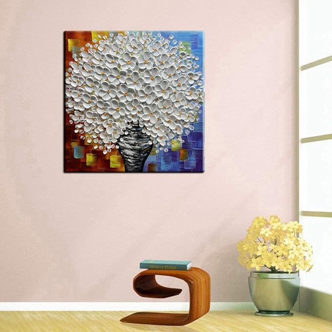 3D White Flower Bouquet Canvas Wall Art, Modern Textured Painting, Colorful Abstract Background, 30x30 inches