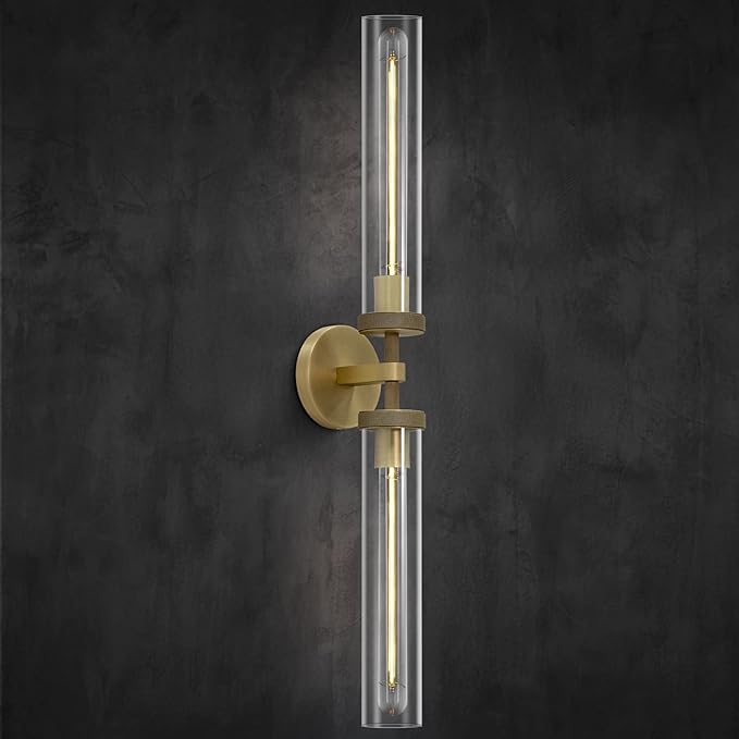 30" Bathroom Wall Sconce, Brass Wall Sconces Hardwired, Gold Wall Sconce Dimmable, Knurled Linear Sconces Wall Lighting with Glass Tube, Vanity Light for Bathroom, Living Room, Bedroom