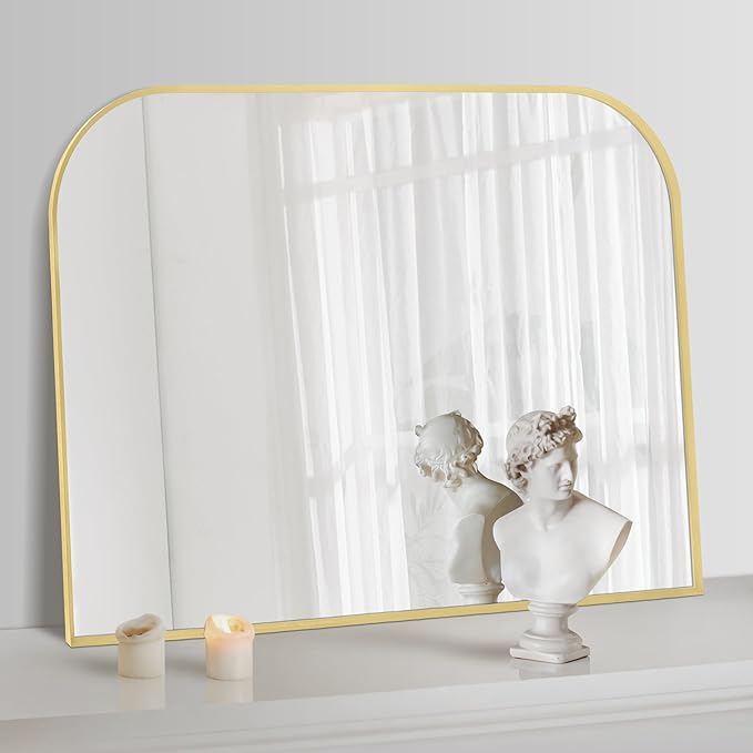 Modern Large Wall Mirror, Modern Mantel Minimalist Home Decor, Brushed Gold Metal Framed Arched Mirror for Living Room, Bedroom, Fireplace, Mantle, Entryway, Bathroom, 36" x 30", Gold