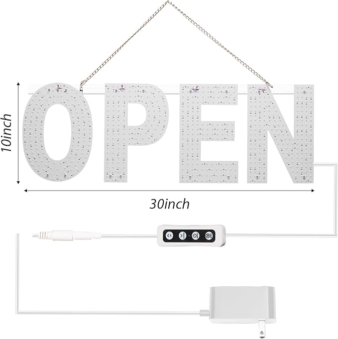 LED Open Sign for Business, 30"x10" Dimmable Brightness Large Electric Light Up Sign, Hanging Installation for Store Restaurant Office Bar Hotel Salon (white)