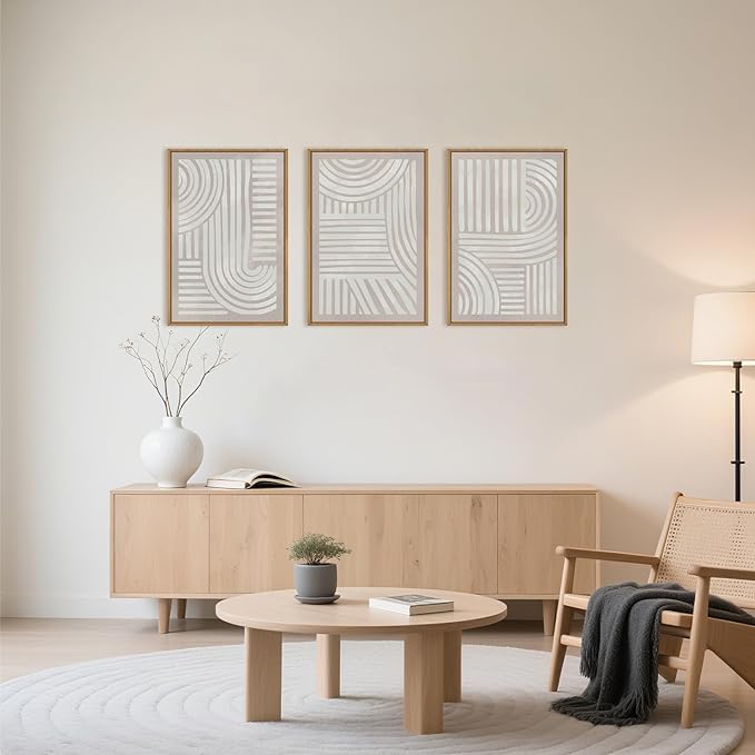 Large Abstract Neutral Geometric Framed Canvas Wall Art,Boho Minimalist Shapes Wall Decor,Modern Lines Artwork,Mid Century Arch Art Print for Living Room,Bedroom,Office- 24"x36"x3