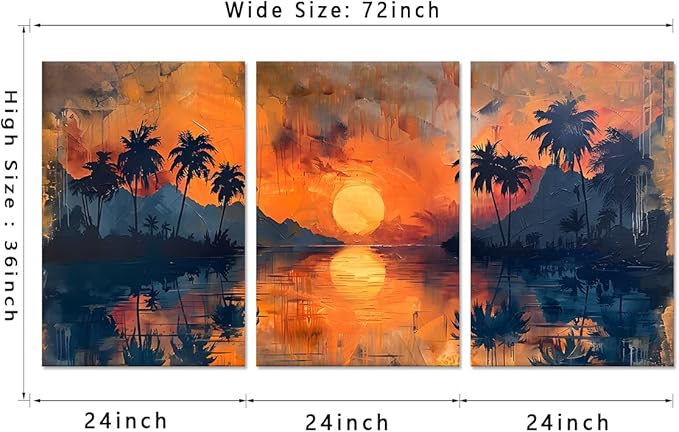 MAMAGO Large 3 Panels Sunset On Ocean Canvas Wall Art Palm Trees Natural Beautiful Print Oil Painting Stly for Living Room Bedroom Hallway Office Framed Easy to Hang-24”W x 36”Hx3pcs