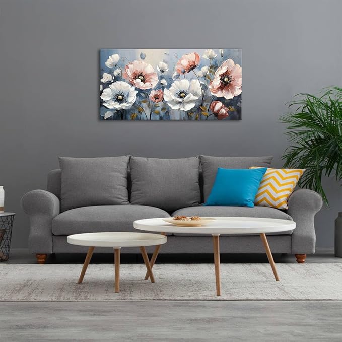 BYXART Pink & White Flower Canvas Painting Stunning Flower Canvas Wall Art In Light Blue-Gray Tone Background Floal Picture Abstract Artwork for Bedroom Living Room Office Bathroom Wall Decor 40Lx20W