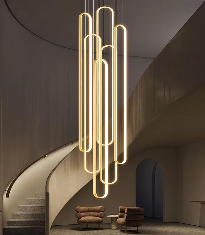 6 Rings Modern Large Chandelier for Staircase High Ceiling Chandelier LED Dimmable Black Chandeliers for Foyer Living Room Villa Gold