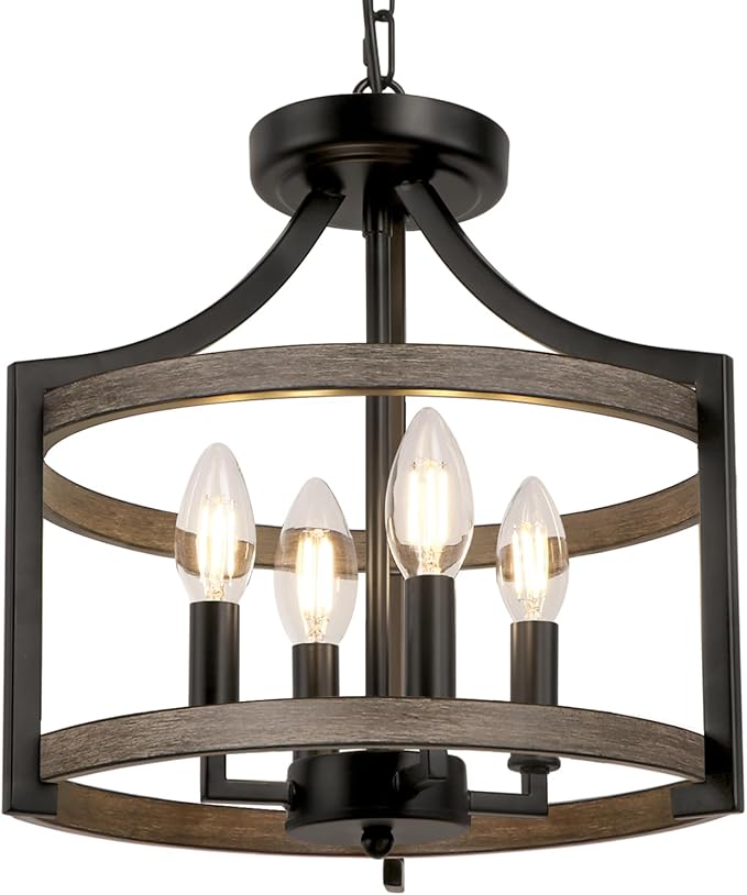 4-Light Farmhouse Chandelier, Rustic Metal Hanging Pendant Lighting, Convertible Semi Flush Mount Ceiling Light Fixture Faux Wood Black Chandeliers for Dining Room Kitchen Foyer Entryway